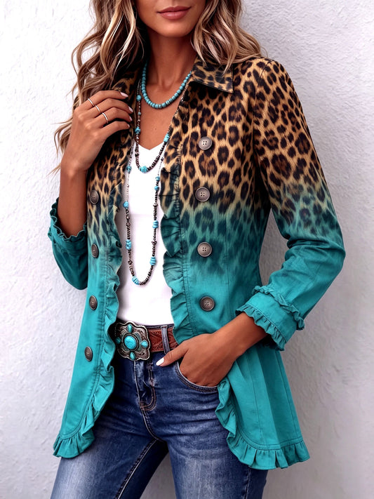 Hodora Mercedes Chaqueta Blazer de Leopardo Dégradé con Volantes para Mujer
