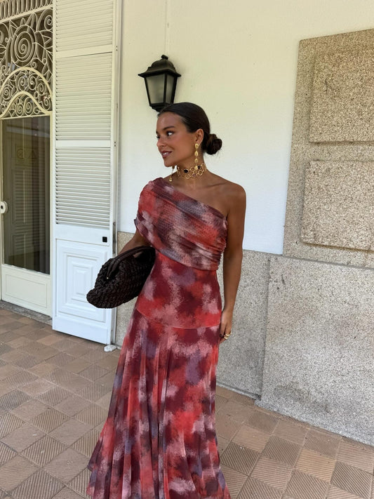 Vestido Largo Lidia Nova Hombro Caído Estampado Acuarela