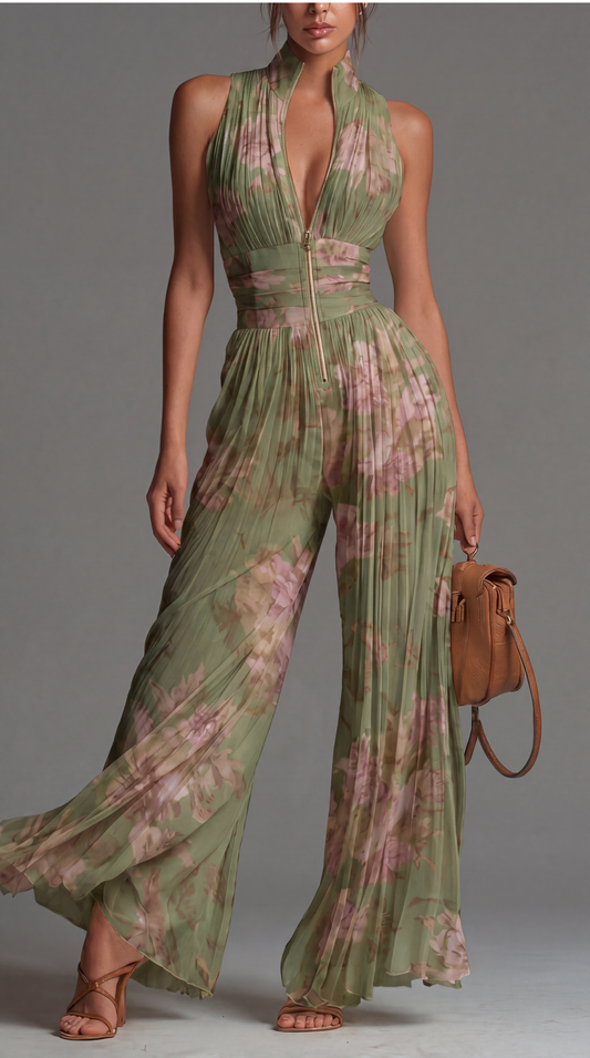 Mono Largo Inés de Gasa Plisada con Estampado Floral