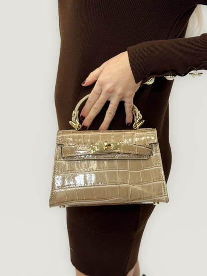 Bolso de Mano de Piel Auténtica Efecto Cocodrilo para Mujer