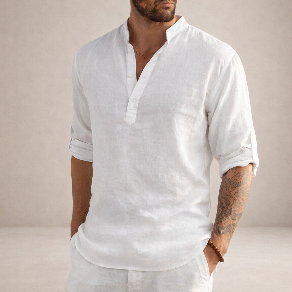 Camisa de Lino para Hombre Vestragear con Cuello Mao y Manga Larga