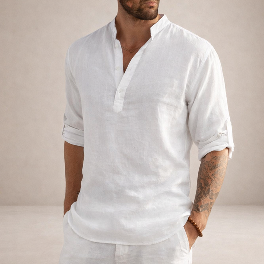 Camisa de Lino para Hombre Vestragear con Cuello Mao y Manga Larga