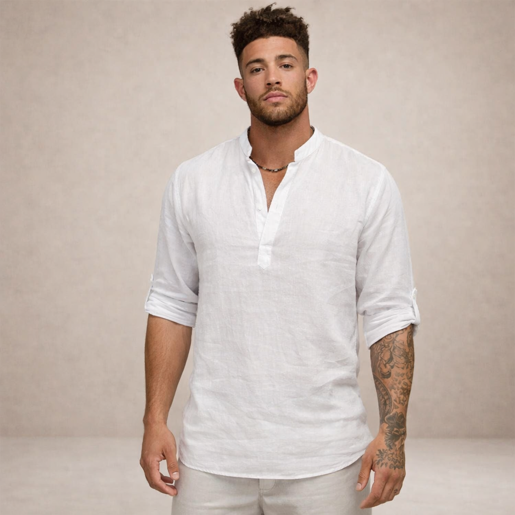 Camisa de Lino para Hombre Vestragear con Cuello Mao y Manga Larga