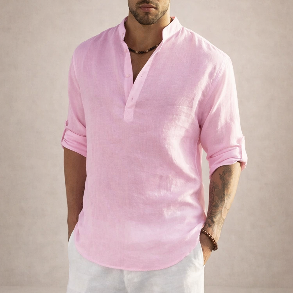 Camisa de Lino para Hombre Vestragear con Cuello Mao y Manga Larga