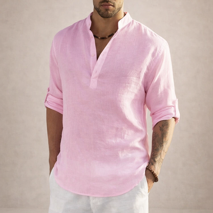 Camisa de Lino para Hombre Vestragear con Cuello Mao y Manga Larga