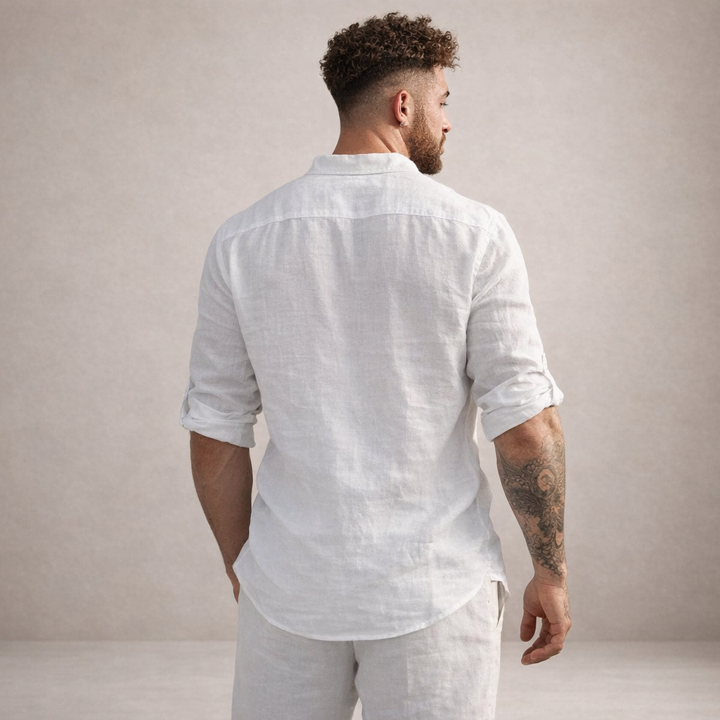 Camisa de Lino para Hombre Vestragear con Cuello Mao y Manga Larga