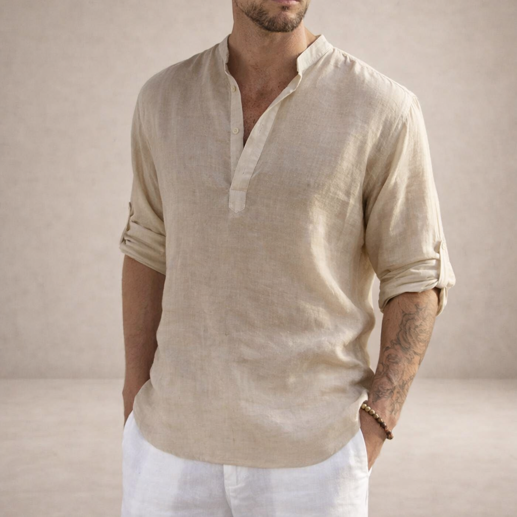 Camisa de Lino para Hombre Vestragear con Cuello Mao y Manga Larga