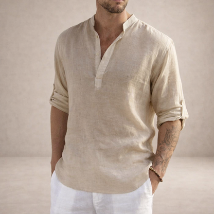 Camisa de Lino para Hombre Vestragear con Cuello Mao y Manga Larga