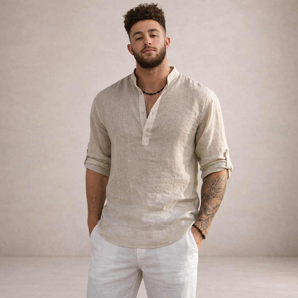 Camisa de Lino para Hombre Vestragear con Cuello Mao y Manga Larga