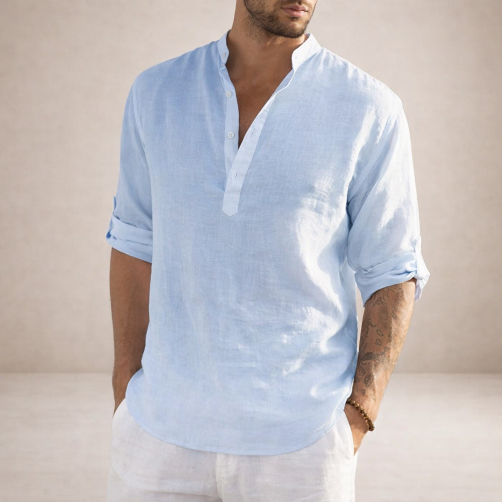 Camisa de Lino para Hombre Vestragear con Cuello Mao y Manga Larga