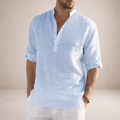 Camisa de Lino para Hombre Vestragear con Cuello Mao y Manga Larga