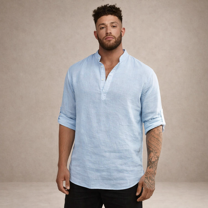 Camisa de Lino para Hombre Vestragear con Cuello Mao y Manga Larga