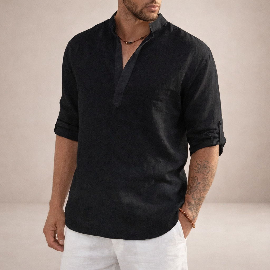 Camisa de Lino para Hombre Vestragear con Cuello Mao y Manga Larga