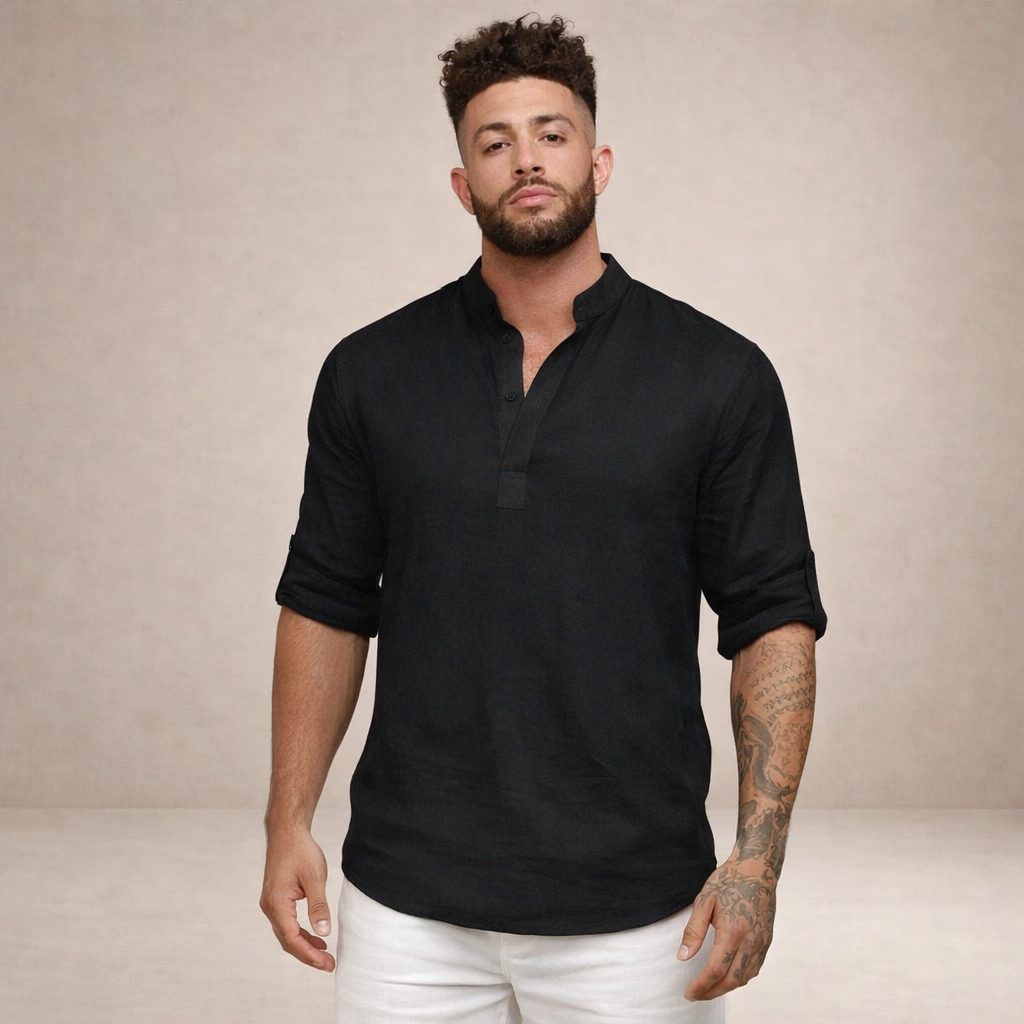 Camisa de Lino para Hombre Vestragear con Cuello Mao y Manga Larga