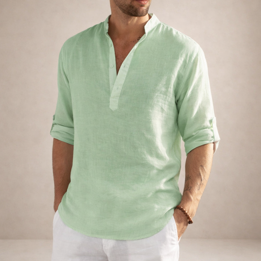 Camisa de Lino para Hombre Vestragear con Cuello Mao y Manga Larga