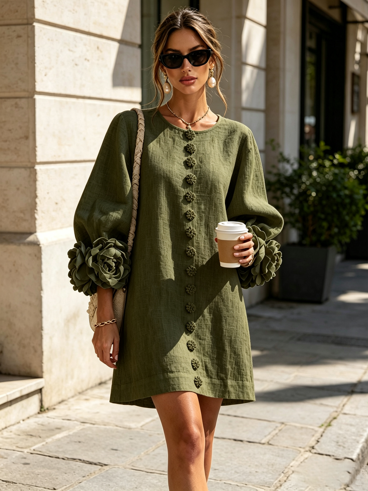 Elena Romanelli Gaia Vestido Mini en Mezcla de Lino Verde Oliva
