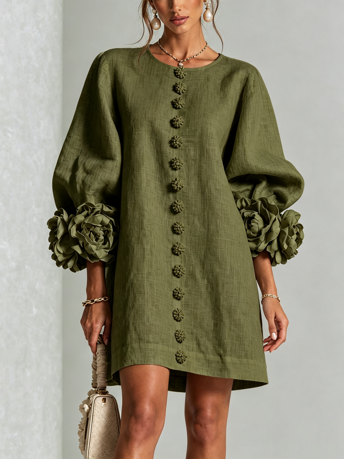 Elena Romanelli Gaia Vestido Mini en Mezcla de Lino Verde Oliva