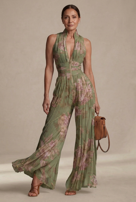 Mono Largo Inés de Gasa Plisada con Estampado Floral