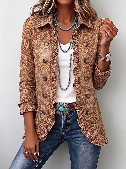 Concepción Chaqueta Floral Vintage con Volantes para Mujer Marrón