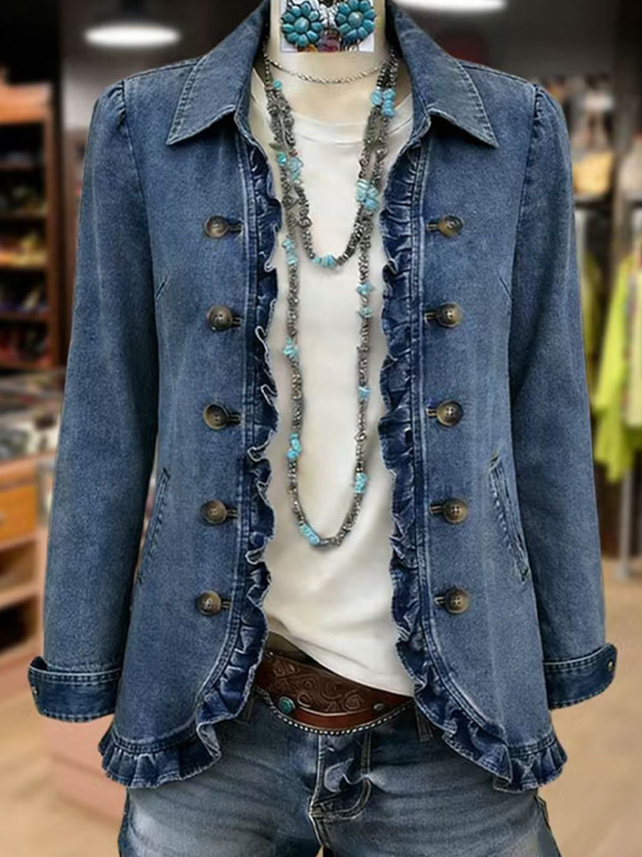 Hodora Rosario Chaqueta con Volantes para Mujer Azul Medio