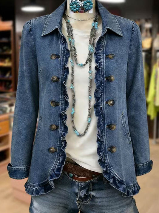 Hodora Rosario Chaqueta con Volantes para Mujer Azul Medio