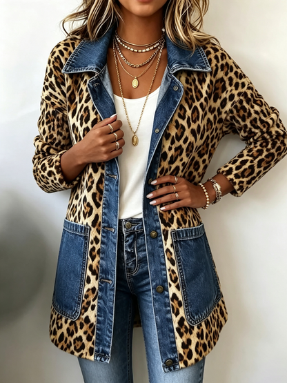 Hodora Lorena Chaqueta Larga de Leopardo y Jean para Mujer Leopardo