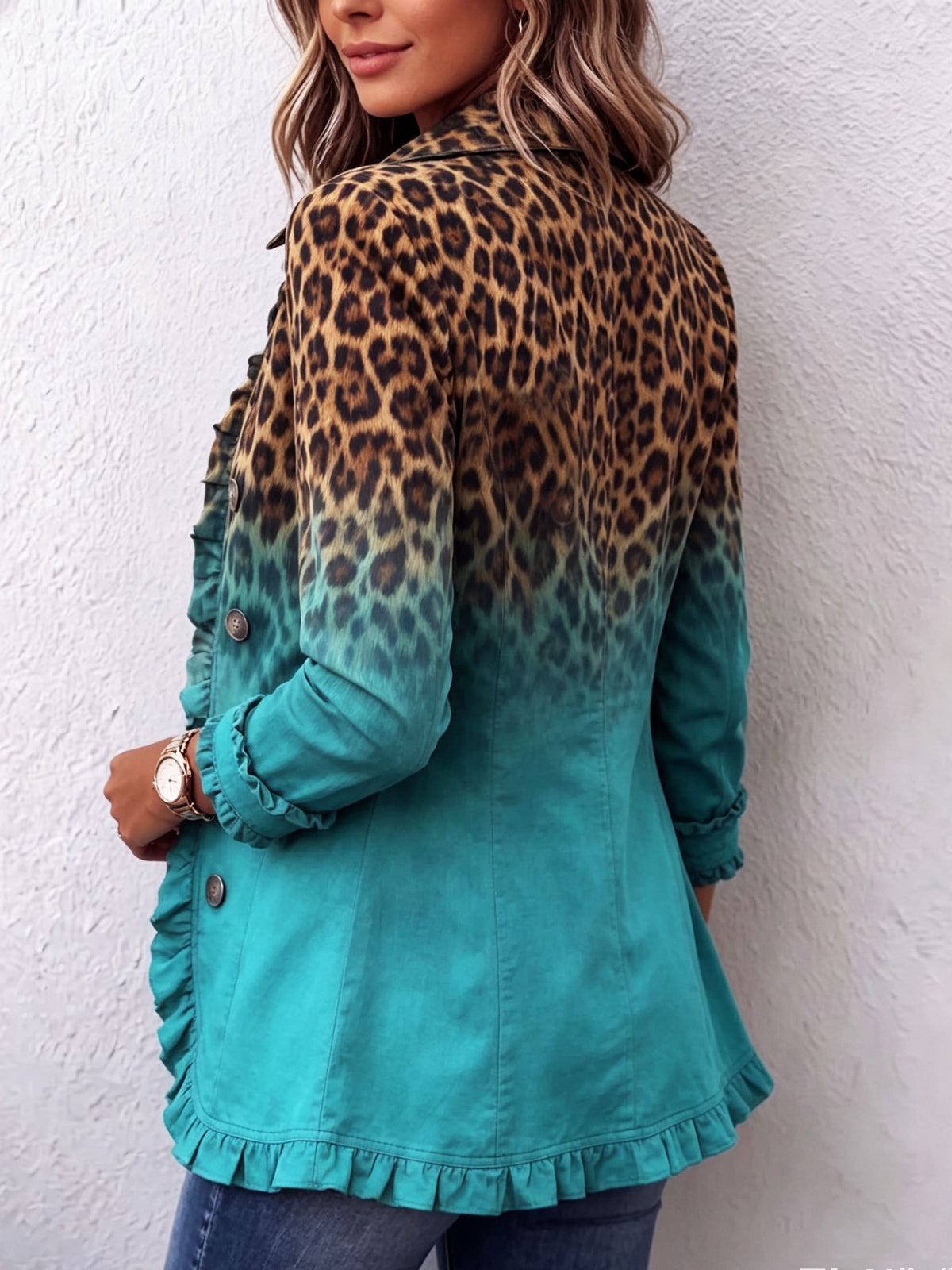 Hodora Mercedes Chaqueta Blazer de Leopardo Dégradé con Volantes para Mujer