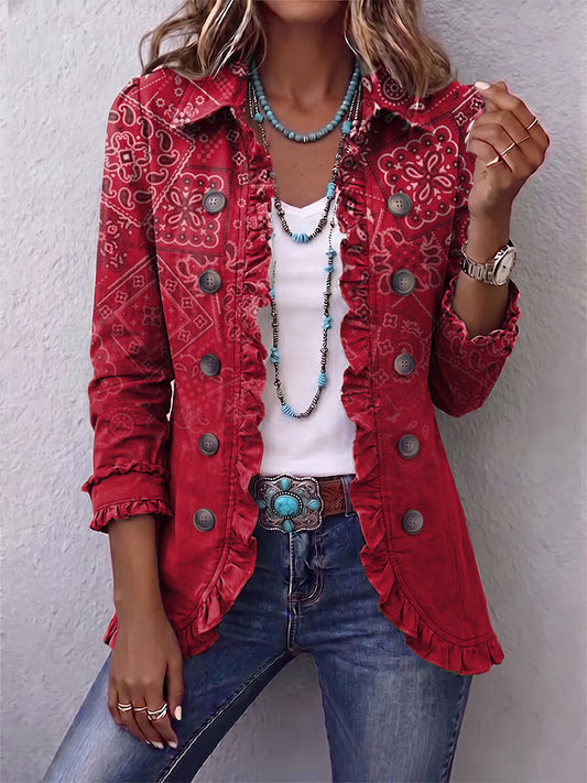 Hodora Clotilde Chaqueta de Cachemira Dégradé con Volantes para Mujer Rojo