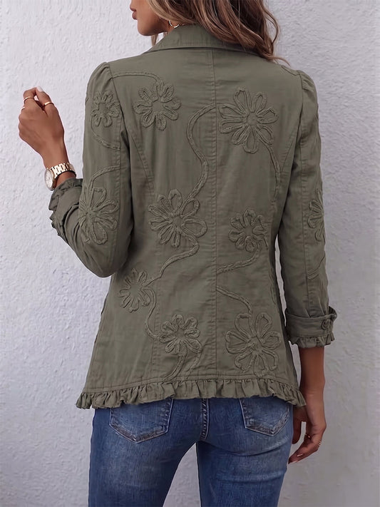 Hodora Ascensión Chaqueta Bordada con Volantes para Mujer Verde Rétro