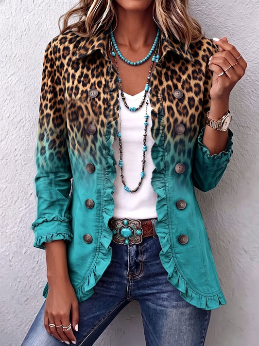 Hodora Mercedes Chaqueta Blazer de Leopardo Dégradé con Volantes para Mujer
