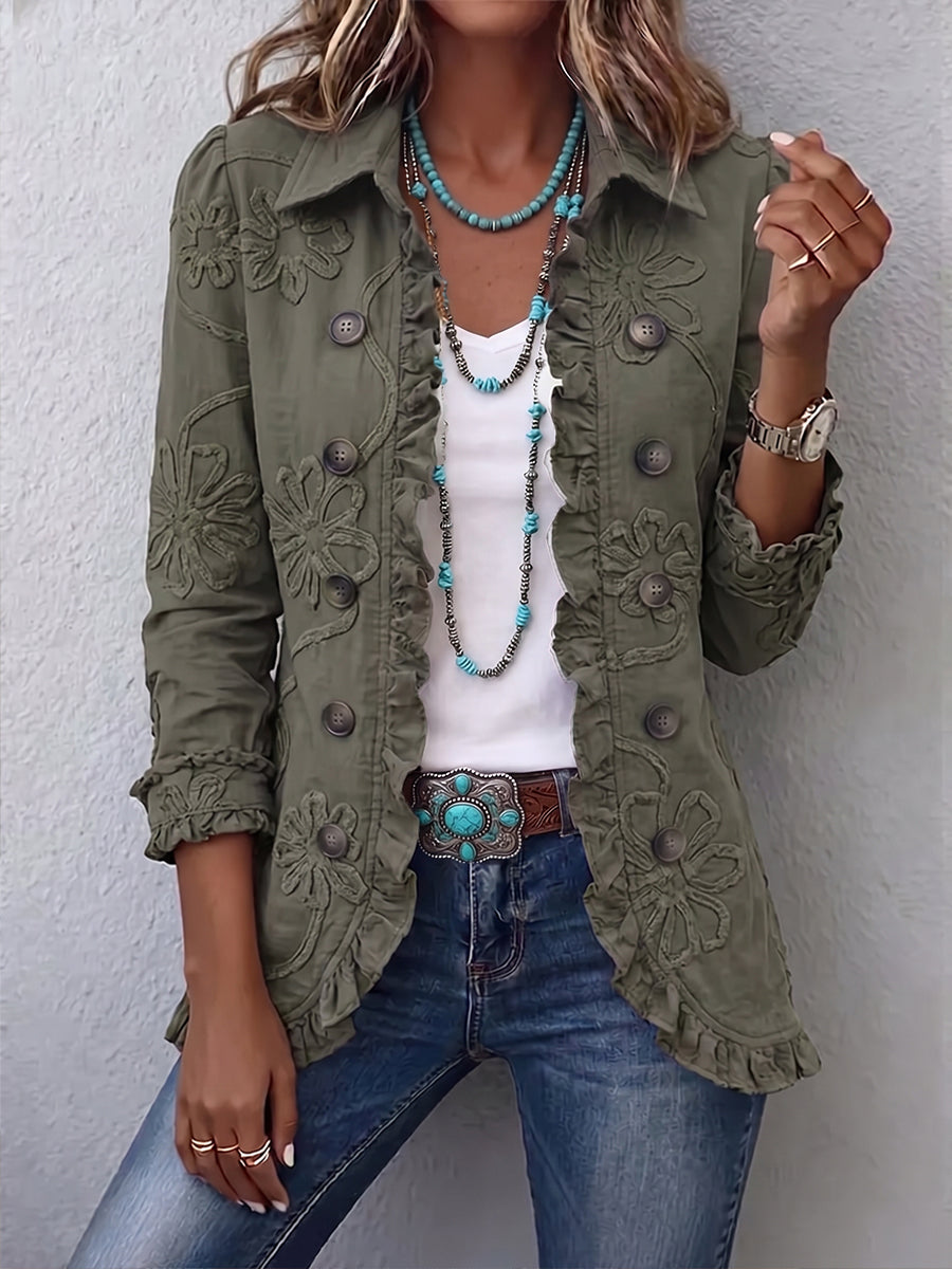 Hodora Ascensión Chaqueta Bordada con Volantes para Mujer Verde Rétro