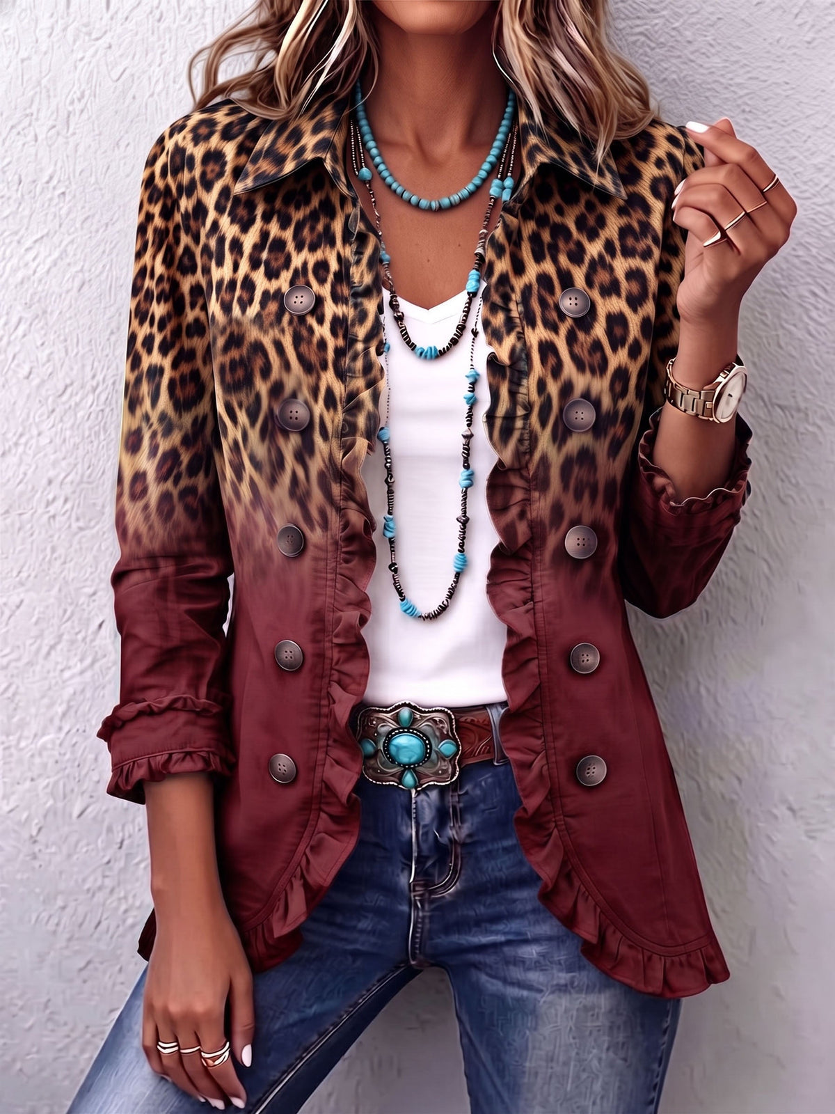 Hodora Mercedes Chaqueta Blazer de Leopardo Dégradé con Volantes para Mujer
