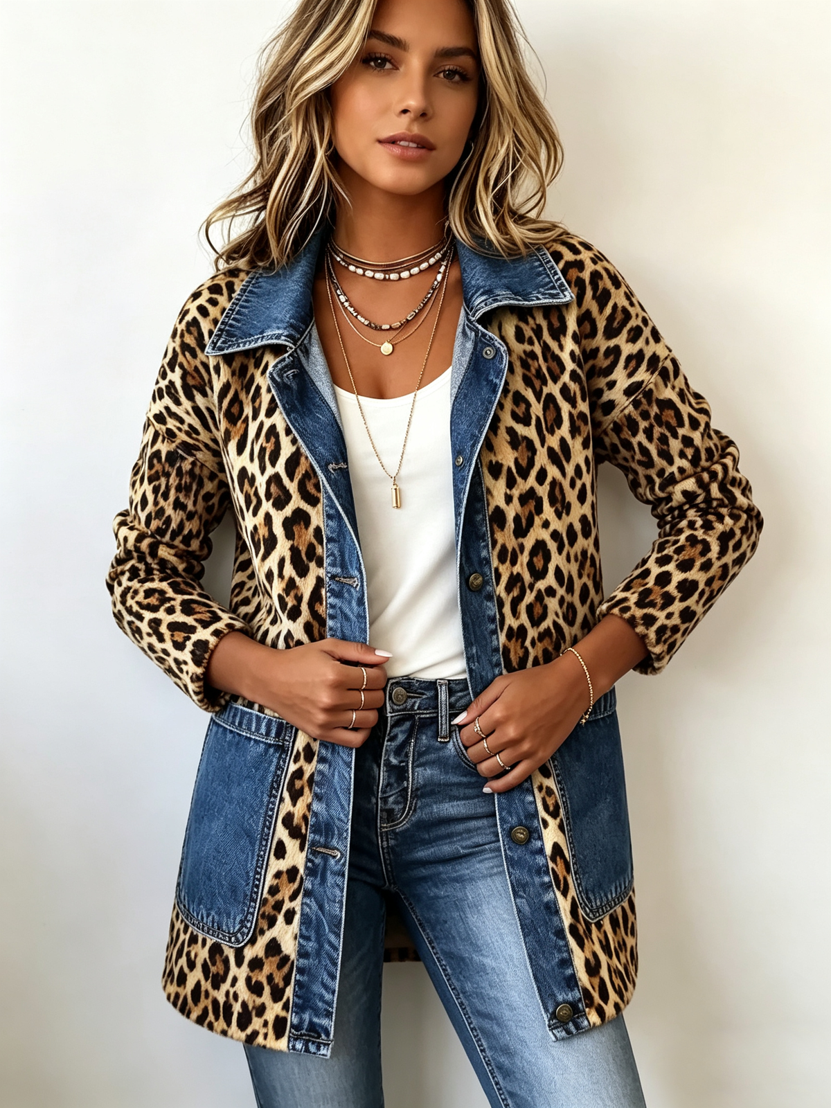 Hodora Lorena Chaqueta Larga de Leopardo y Jean para Mujer Leopardo