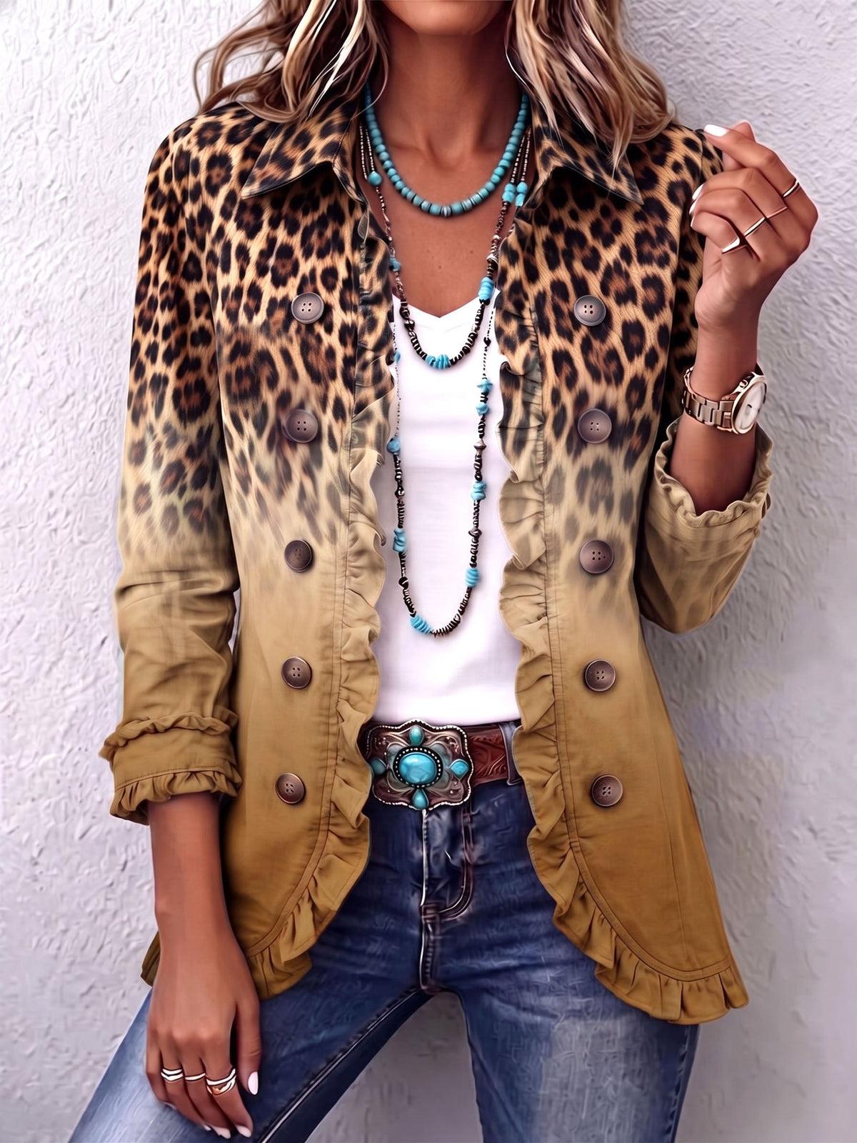 Hodora Mercedes Chaqueta Blazer de Leopardo Dégradé con Volantes para Mujer