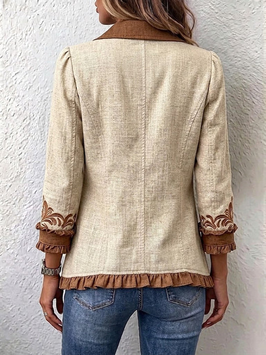 Hodora Almudena Chaqueta Floral Bordada con Volantes para Mujer Tostado y Marrón