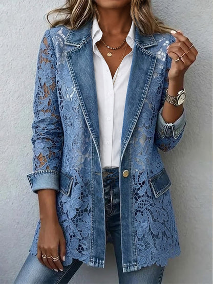 Hodora Alicia Chaqueta con Encaje Floral para Mujer Azul Denim