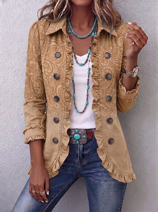 Hodora Covadonga Chaqueta Estampada en Relieve con Volantes para Mujer Caqui