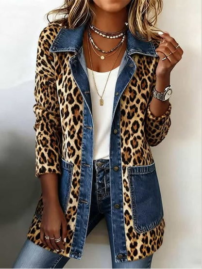 Hodora Lorena Chaqueta Larga de Leopardo y Jean para Mujer Leopardo