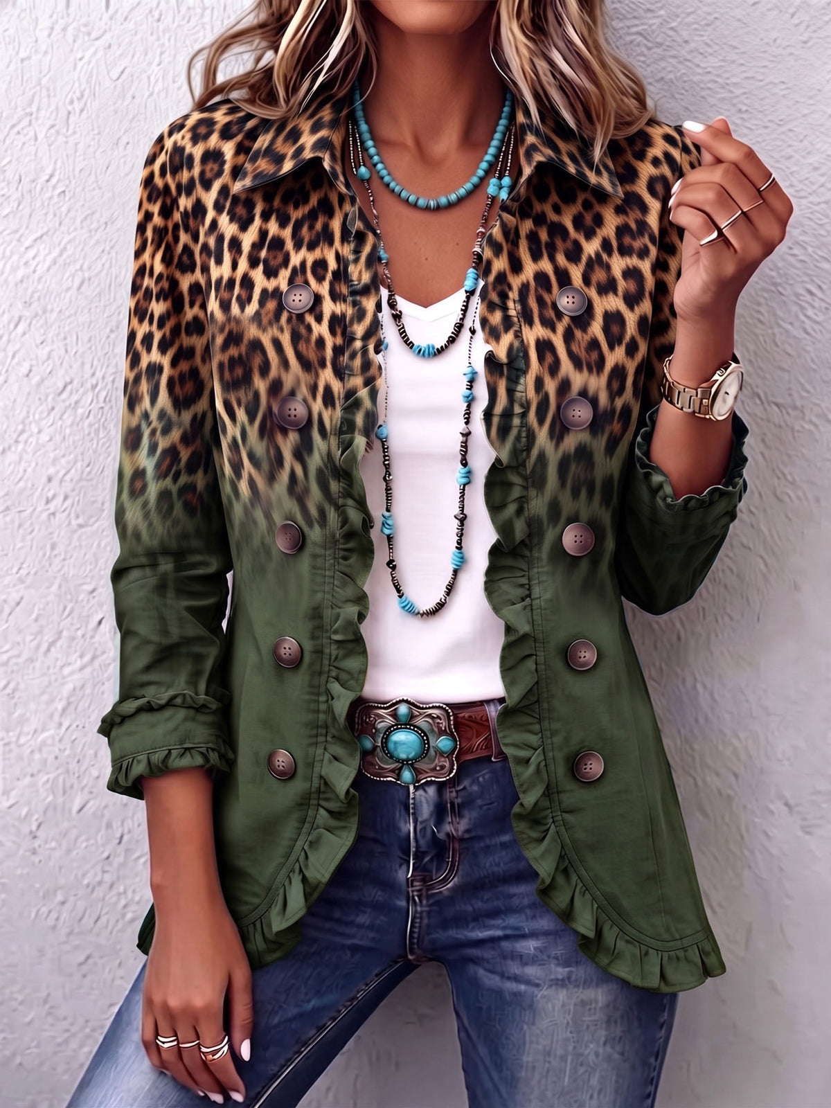 Hodora Mercedes Chaqueta Blazer de Leopardo Dégradé con Volantes para Mujer