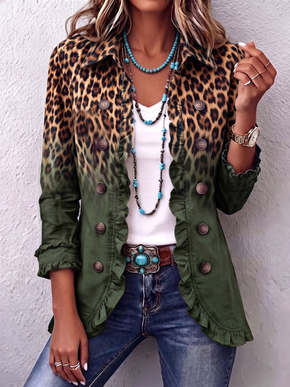 Hodora Mercedes Chaqueta Blazer de Leopardo Dégradé con Volantes para Mujer