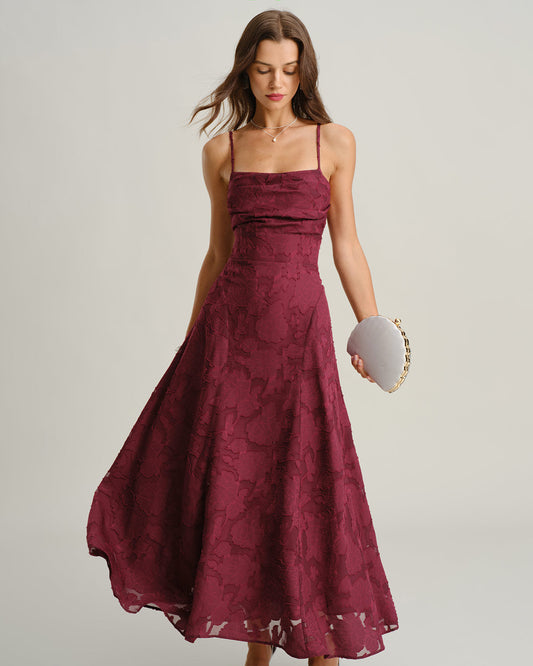 RIHOAS Vestido Maxi De Jacquard Color Vino Con Espalda Cruzada